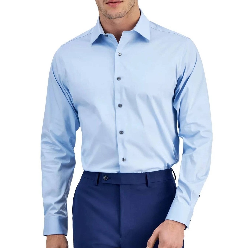 NWT Alfani Dress Shirt Men's M Blue Cotton Blend Regular Fit Stretch
